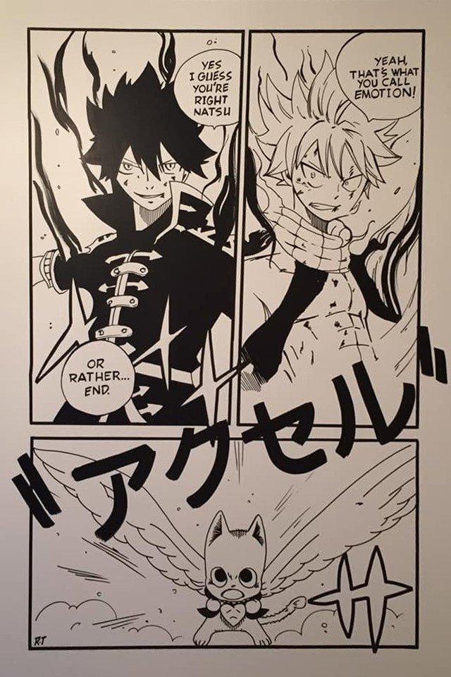 La planche de manga Fairy Tail terminée, peinte en noir et blanc