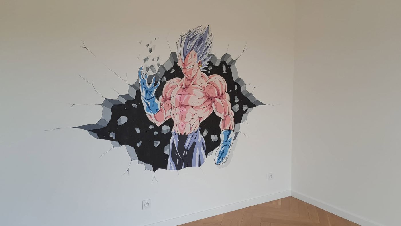 Fresque murale de Vegeta surgissant d'un mur brisé sur fond d'espace étoilé, peinte dans une chambre