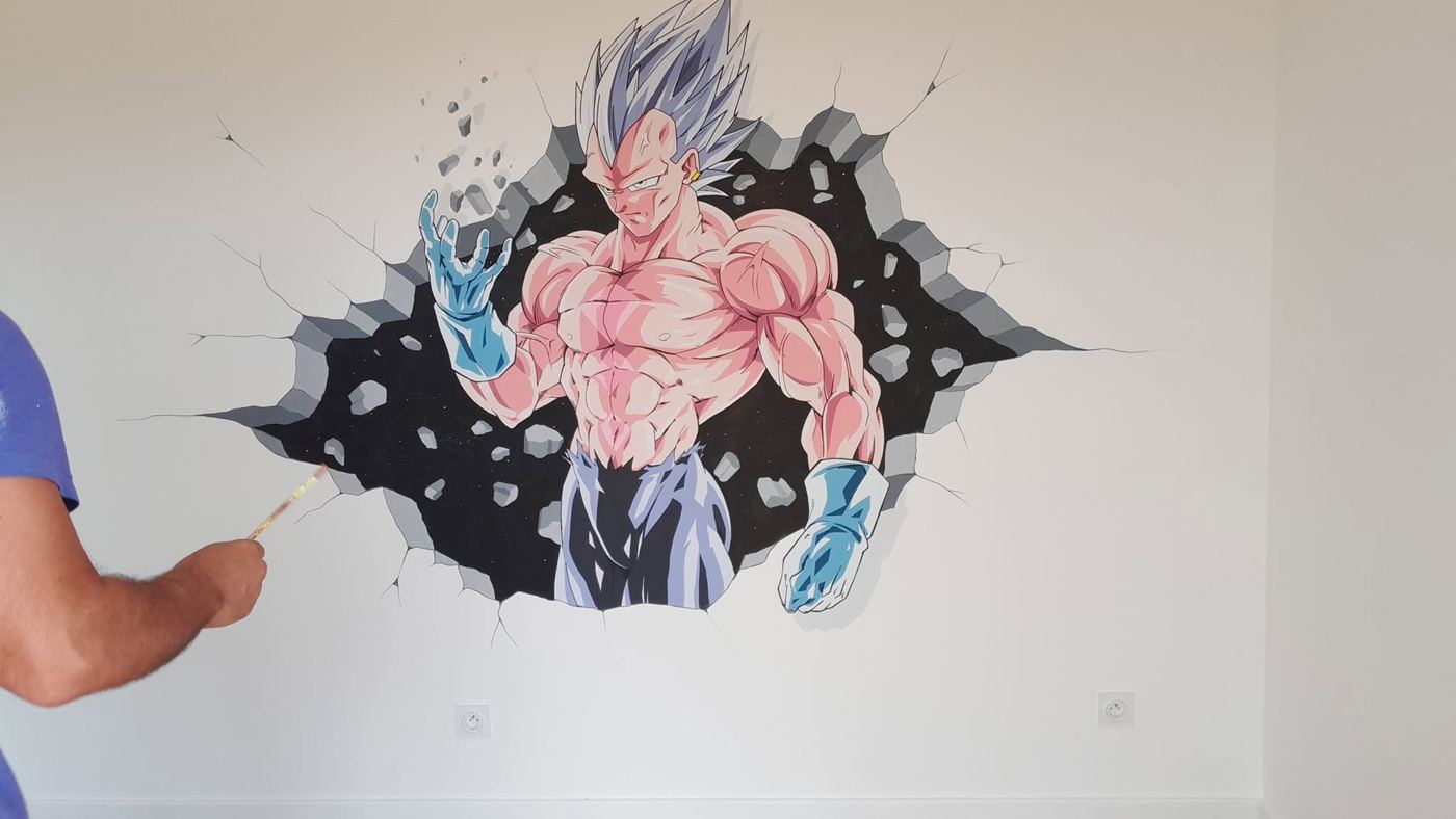 La fresque de Vegeta pendant les dernières retouches au pinceau