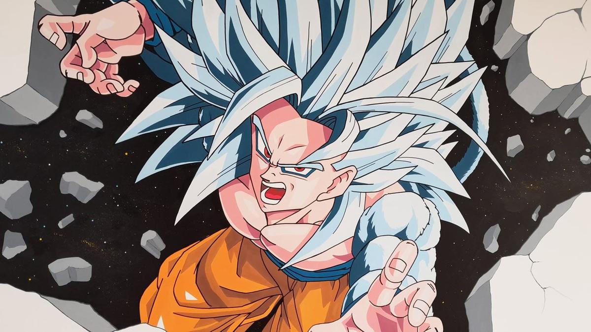 Gros plan sur le visage et la chevelure de Goku, peints à la main